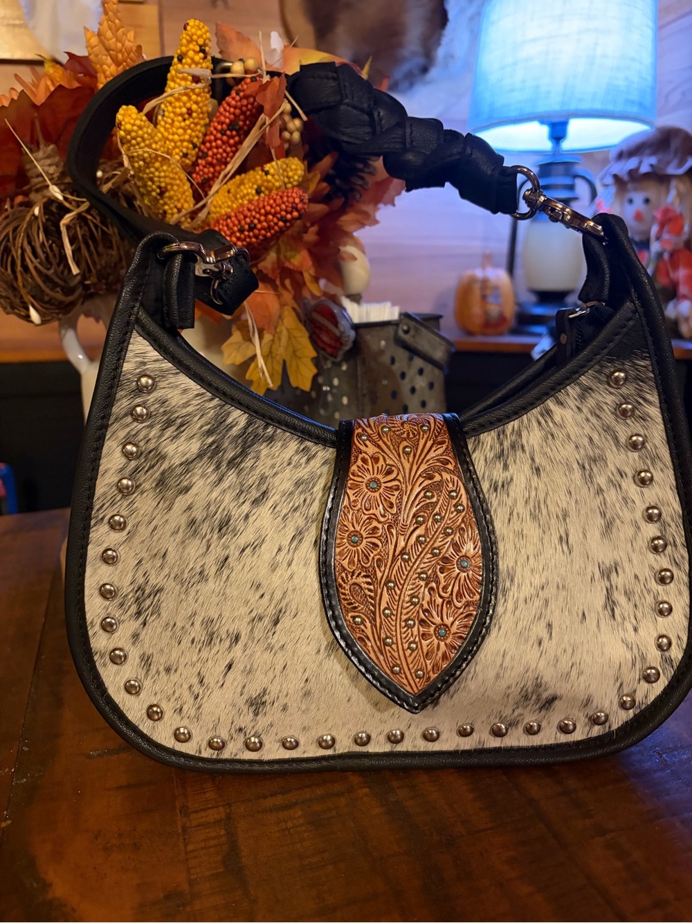Myra Bag Black and White Cowhide Shoulder Bag with Tooled Leather Accent
